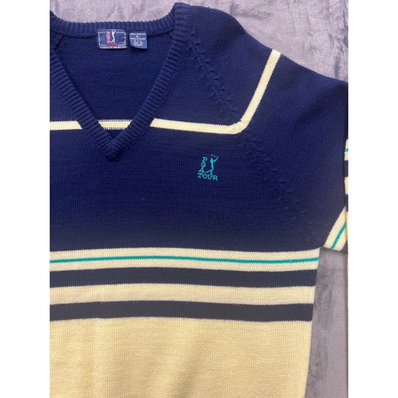 PGA Tour V Neck Sweater Mens XL Navy Yellow Golf Embroidered Logo Acrylic - Picture 4 of 8